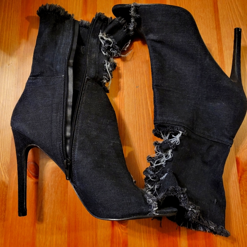 Ladies Black Denim 3inch open toe ankle Boots size 10